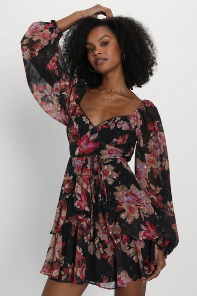 Lulus Dramatically Dreamy Black Floral Chiffon Tiered Lurex Mini Dress