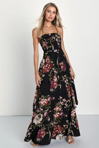 Lulus Enchanting Blossom Black Floral Satin Lace-up Tiered Maxi Dress