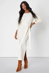 Lulus Cozy Captivation Ivory Ribbed Dolman Sleeve Midi Sweater Dress In Ivory