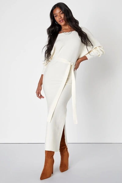 Lulus Cozy Captivation Ivory Ribbed Dolman Sleeve Midi Sweater Dress