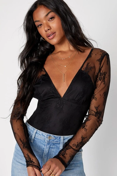 Lulus Sheer Flirt Black Lace Long Sleeve Bodysuit