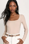 Lulus Style Skills Beige Ribbed Knit Long Sleeve Corset Bodysuit In Beige