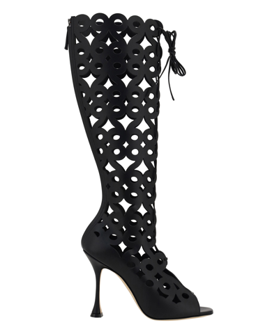 Manolo Blahnik Tarashi Perforated Lace-up Knee Boots In Black