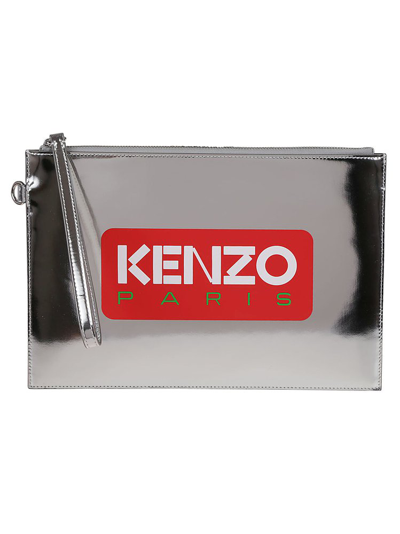 Kenzo Large Logo Printed Clutch Bag In Silver