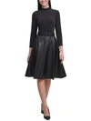 CALVIN KLEIN WOMENS FAUX LEATHER MOCK-NECK FIT & FLARE DRESS