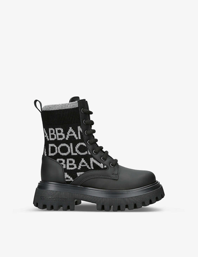 Dolce & Gabbana Kids' Stivaletto Monogram-print Knit And Leather Ankle Boots 5-9 Years In Black