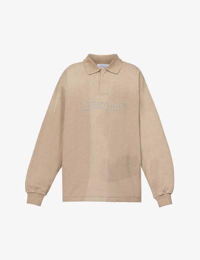 Off-white Long-sleeved Brand-typography Cotton-jersey Polo Shirt In Beige