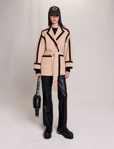 Maje Short Two-tone Coat For Fall/winter In Camel