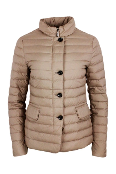 Moorer Light Down Jacket With Zip And Button Closure With Front Flap Pockets In Brown