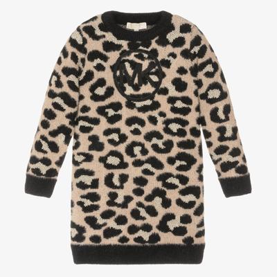 Michael Kors Kids' Embroidered-logo Leopard-print Knit Dress In Beige