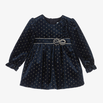 Abel & Lula Babies' Girls Blue Polka Dot Velvet Dress