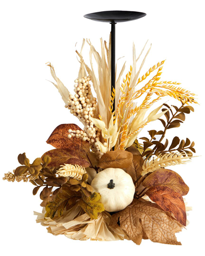 Nearly Natural 12in Autumn Harvest And Pumpkin Fall Candle Holder In Cream