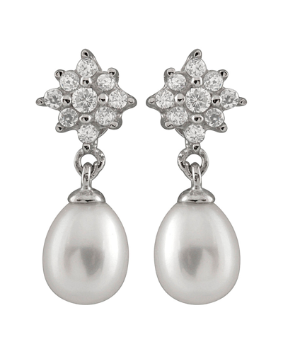 Splendid Pearls Rhodium Plated Silver 6.5-7mm Freshwater Pearl & Cz Drop Earrings
