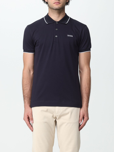 Zegna Polo Shirt In Stretch Cotton In Blue