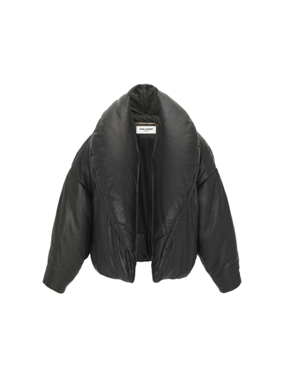 Saint Laurent Cassandre Puffer Jacket In Lambskin In Black