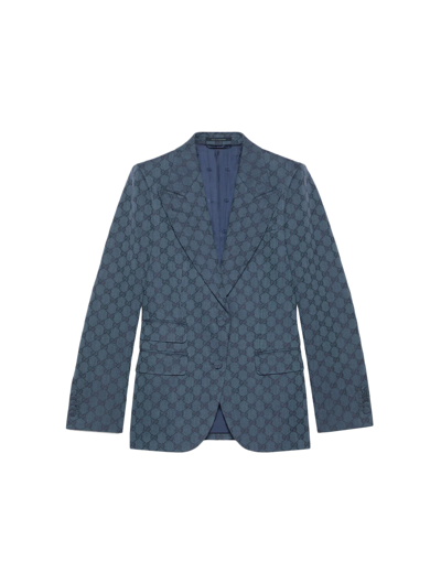 Gucci Jacket In Linen And Gg Jacquard Cotton In Blue