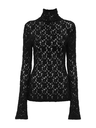 Chloé Turtleneck Long-sleeve Smocked Lace Top In Black