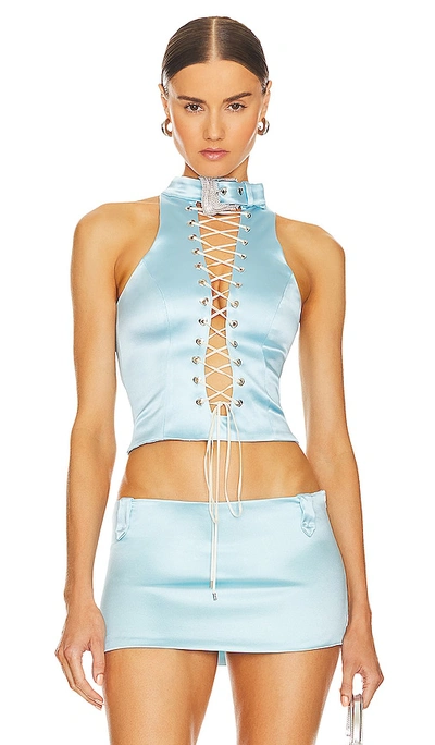 Poster Girl Tie-fastening Satin-finish Corset Top In Blue