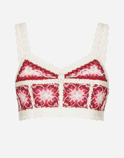 Dolce & Gabbana Brick-stitched Crochet Bustier Top With Majolica Print In Multicolor