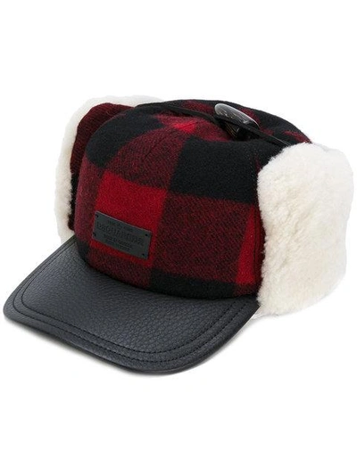 Dsquared2 Check Wool & Leather Hat W/ Shearling In Black