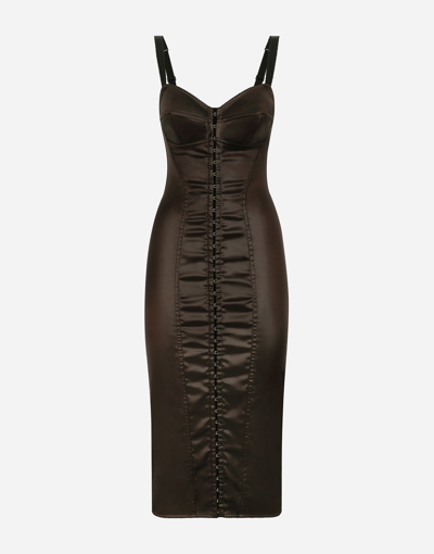 Dolce & Gabbana Glossy Satin Calf-length Corset Dress In Brown