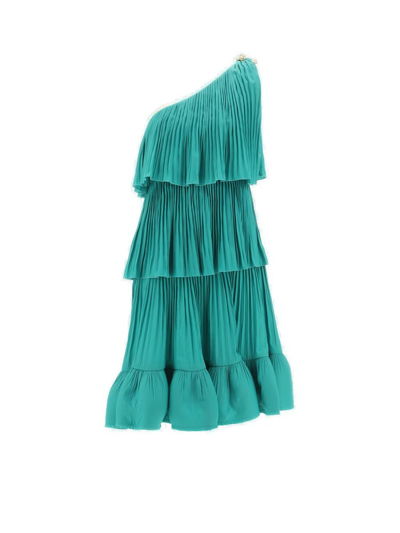Lanvin One-shoulder Tiered Ruffled Charmeuse Mini Dress In Green