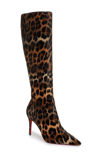 Christian Louboutin Kate Leopard Print Genuine Calf Hair Pointed Toe Knee High Boot In Brown/ Black Print Calf Hair
