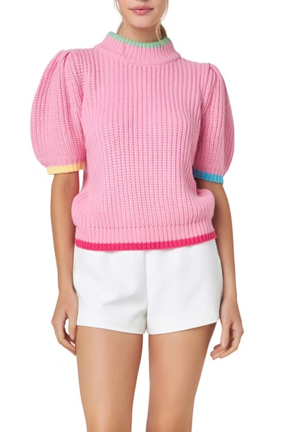 English Factory Tipped Trim Short Sleeve Shaker Stitch Sweater In Pink Multi
