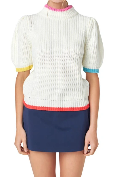 English Factory Tipped Trim Short Sleeve Shaker Stitch Sweater In White Multi
