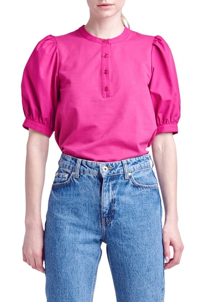 English Factory Mixed Media Puff Sleeve Top In Berry