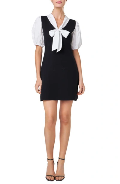 English Factory Bow Tie Puff Sleeve Mixed Media Minidress In Black/ White