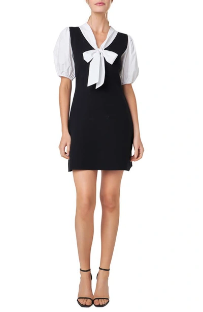 English Factory Bow Tie Puff Sleeve Mixed Media Minidress In Black/white