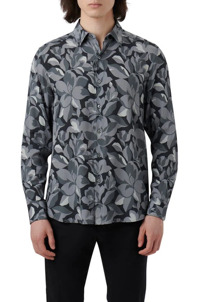 Bugatchi Julian Shaped Fit Floral Button-up Shirt In Anthracite