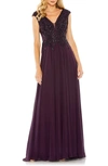 Mac Duggal Sequin Empire Waist Pleated Gown In Aubergine