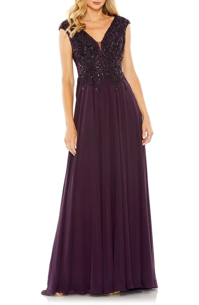 Mac Duggal Sequin Empire Waist Pleated Gown In Aubergine