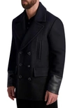 Karl Lagerfeld Faux Leather Trimmed Regular Fit Double Breasted Peacoat In Black/black