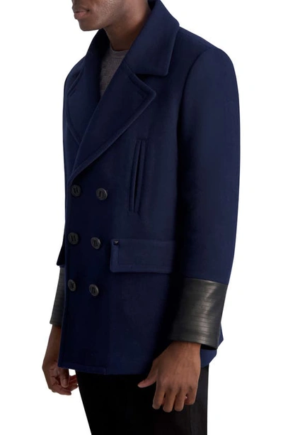Karl Lagerfeld Double Breasted Wool Blend Peacoat In Navy