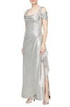ALEX EVENINGS COLD SHOULDER RUFFLE EVENING GOWN