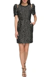 Dkny Stud Shoulder Cutout Puff Sleee Minidress In Silver/ Black