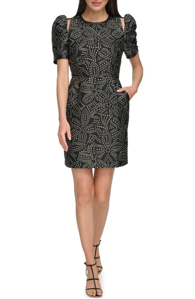 Dkny Stud Shoulder Cutout Puff Sleee Minidress In Silver,black