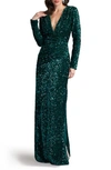 Sho By Tadashi Shoji Sequin Wrap Front Long Sleeve Gown In Jungle Green
