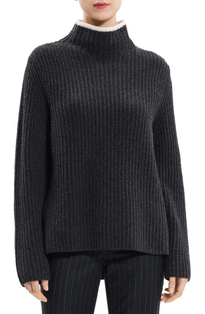 Theory Karenia Cashmere And Felted Wool Turtleneck Sweater In Charcoal/ivory