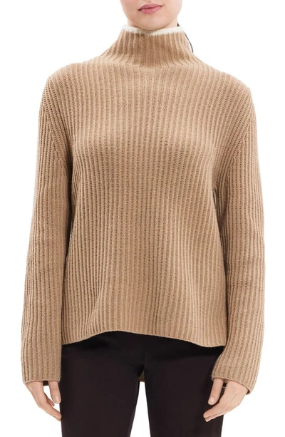 Theory Karenia Cashmere And Felted Wool Turtleneck Sweater In Palomino/ivory
