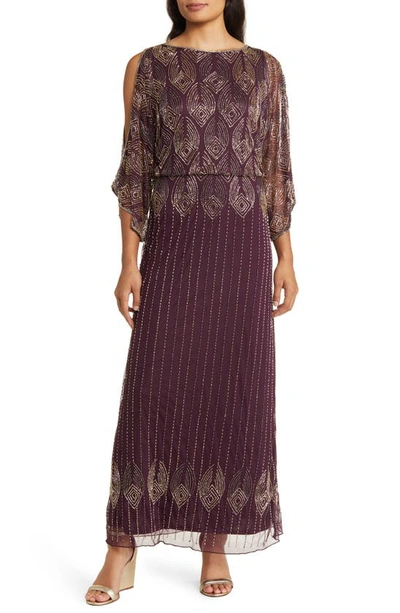 Pisarro Nights Beaded Cold Shoulder Cocktail Dress In Wine