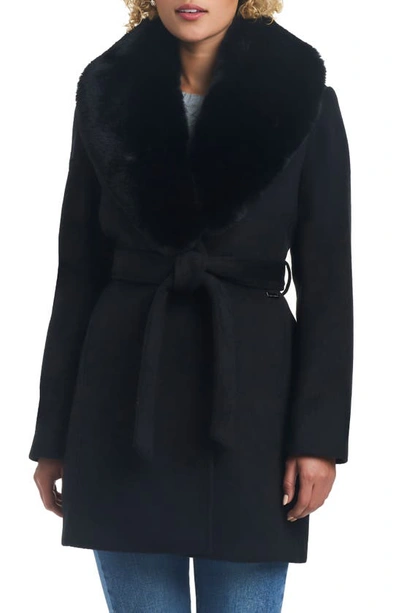 Vince Camuto Double Breasted Coat With Removable Faux Fur Collar In Black