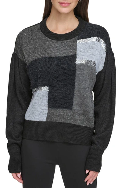 Dkny Mixed Stitch Colorblock Sweater In Black Multi