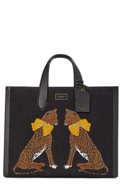 Kate Spade Large Manhattan Lady Leopard Tote Bag In Black Multi.