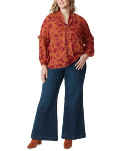 Jessica Simpson Trendy Plus Size Printed Tie Neck Top True Love Trouser Wide Leg Jeans In Ditto