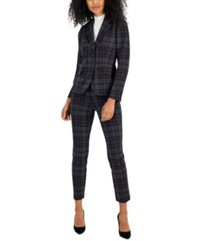Anne Klein Womens Plaid Print Notched Collar Blazer Pull On Ankle Pants In Chianti Combo