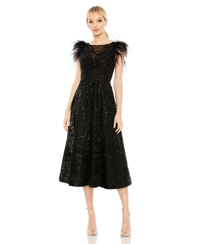 Mac Duggal 20400 Feather Sleeve Tea Length Formal Dress In Black